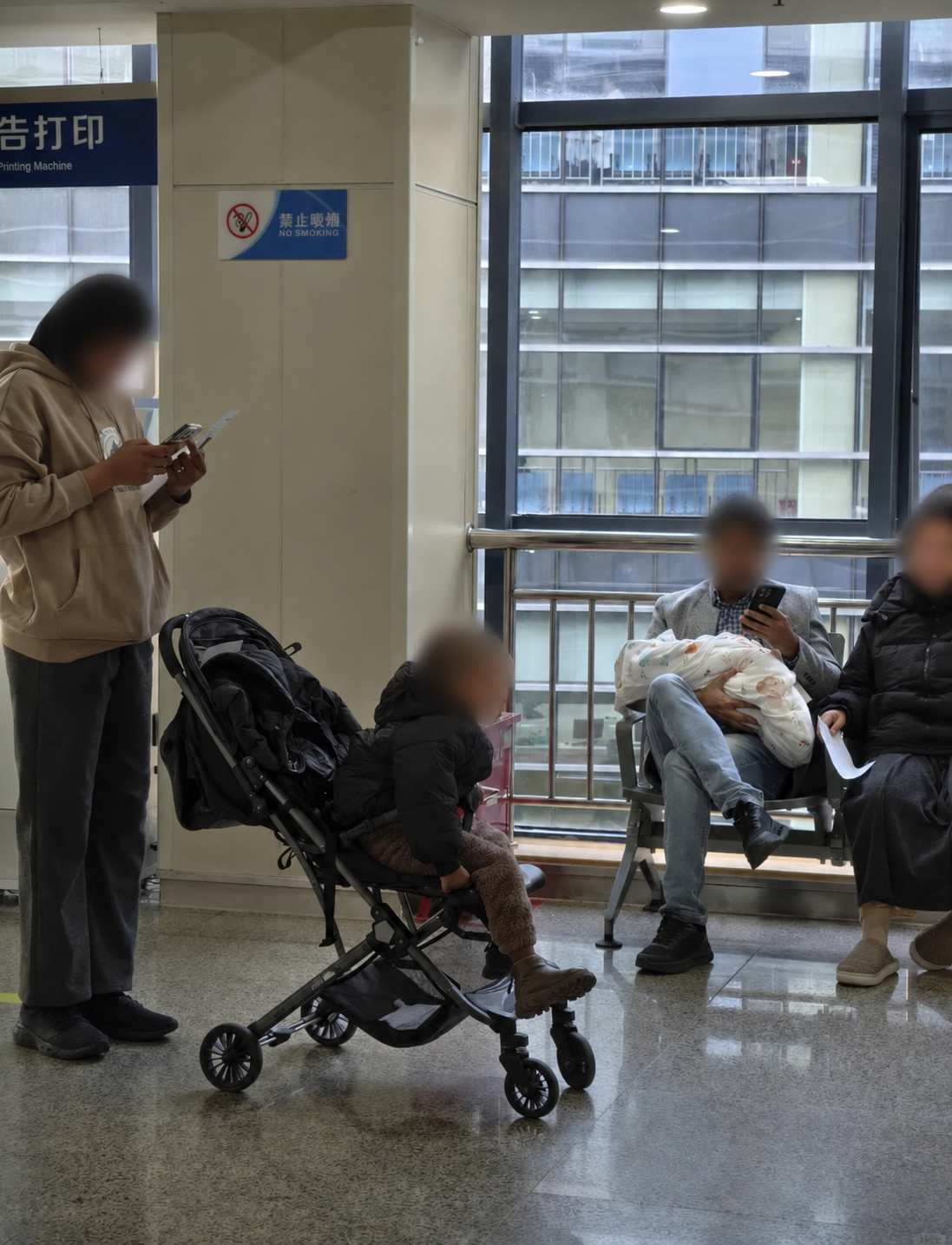 Hospital waiting area in China, with faces blurred for privacy